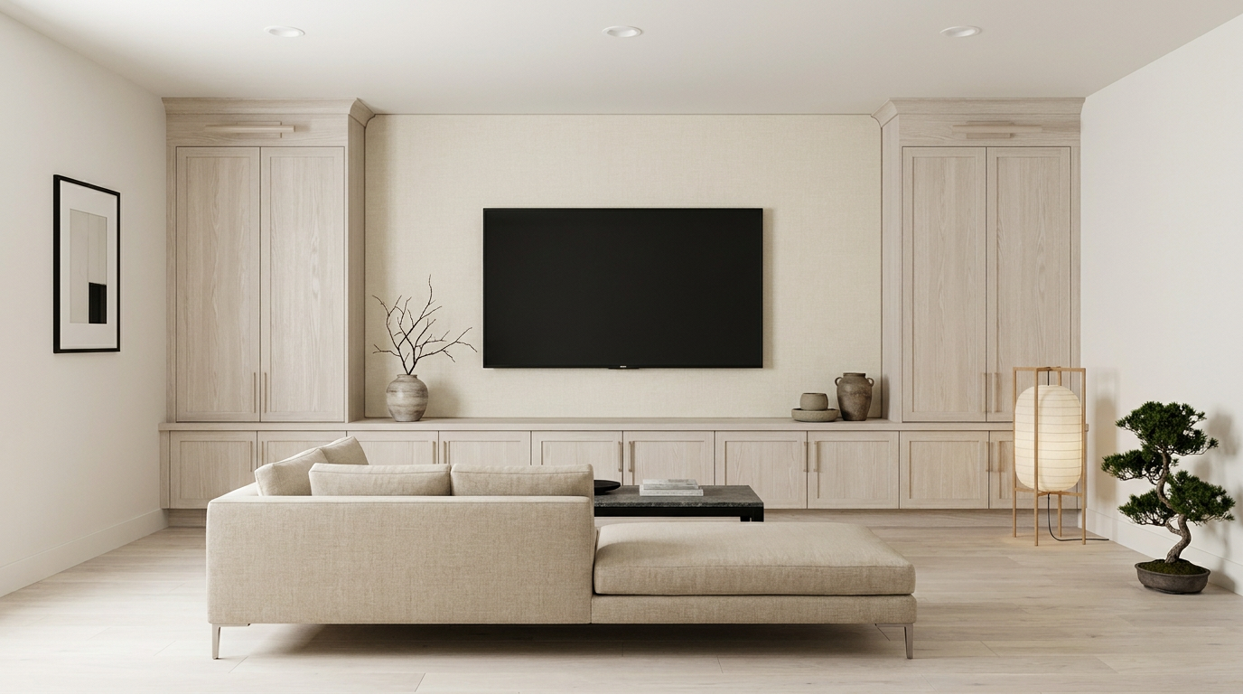 Modern organic basement living area with curved cream sectional, plaster fireplace surround, and dark walnut coffee table